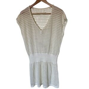 Womens White Crochet Cover Up Tunic One‎ Size V Neck Sleeveless Mesh